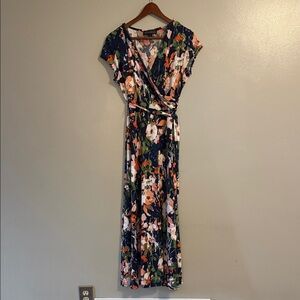 karin stevens Navy Floral Wrap Maxi Dress with Peach Accents